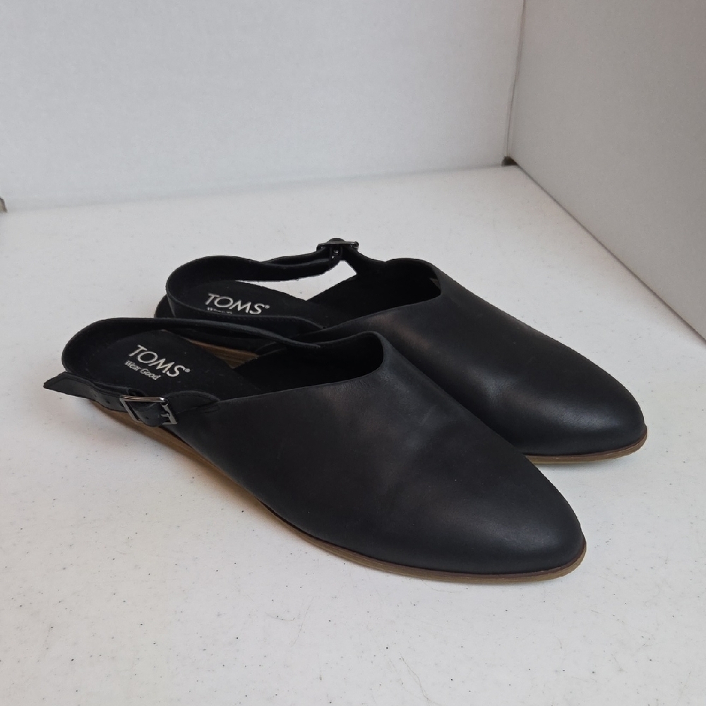 Toms Black Leather Pointed Women Size 12 Slingback Mules - Picture 2 of 5